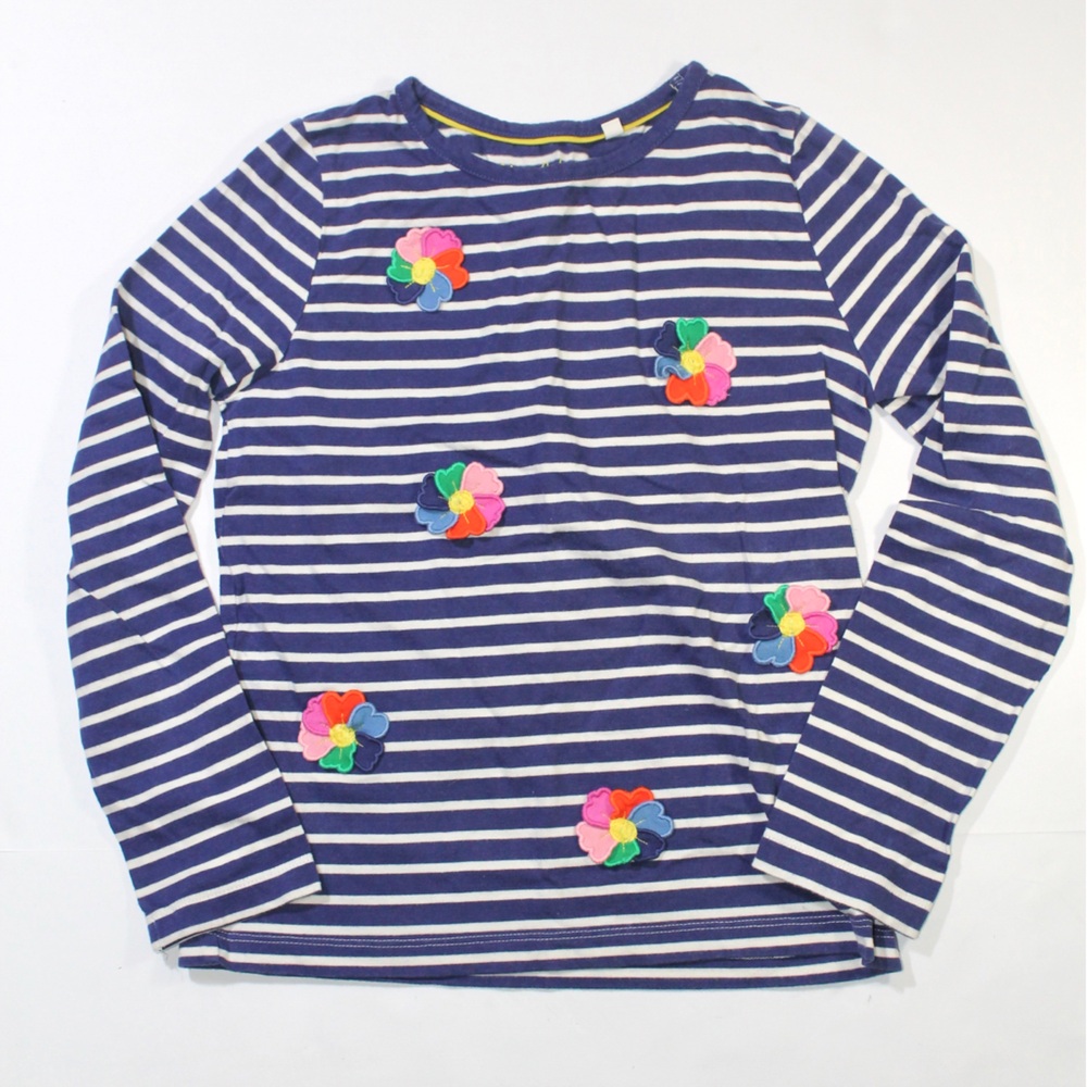 Mini Boden Navy and White Striped Long Sleeve Top with Colorful Flower Patches